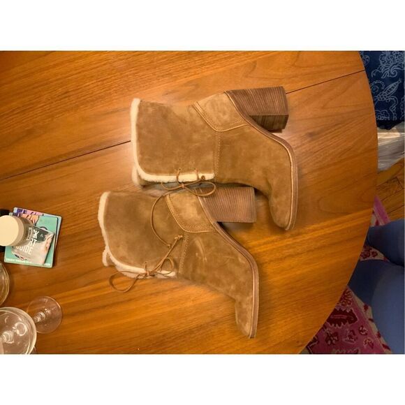 UGG Jerene Fashion Boots Cognac Suede Stacked Block Heel Booties 9 - Picture 5 of 7